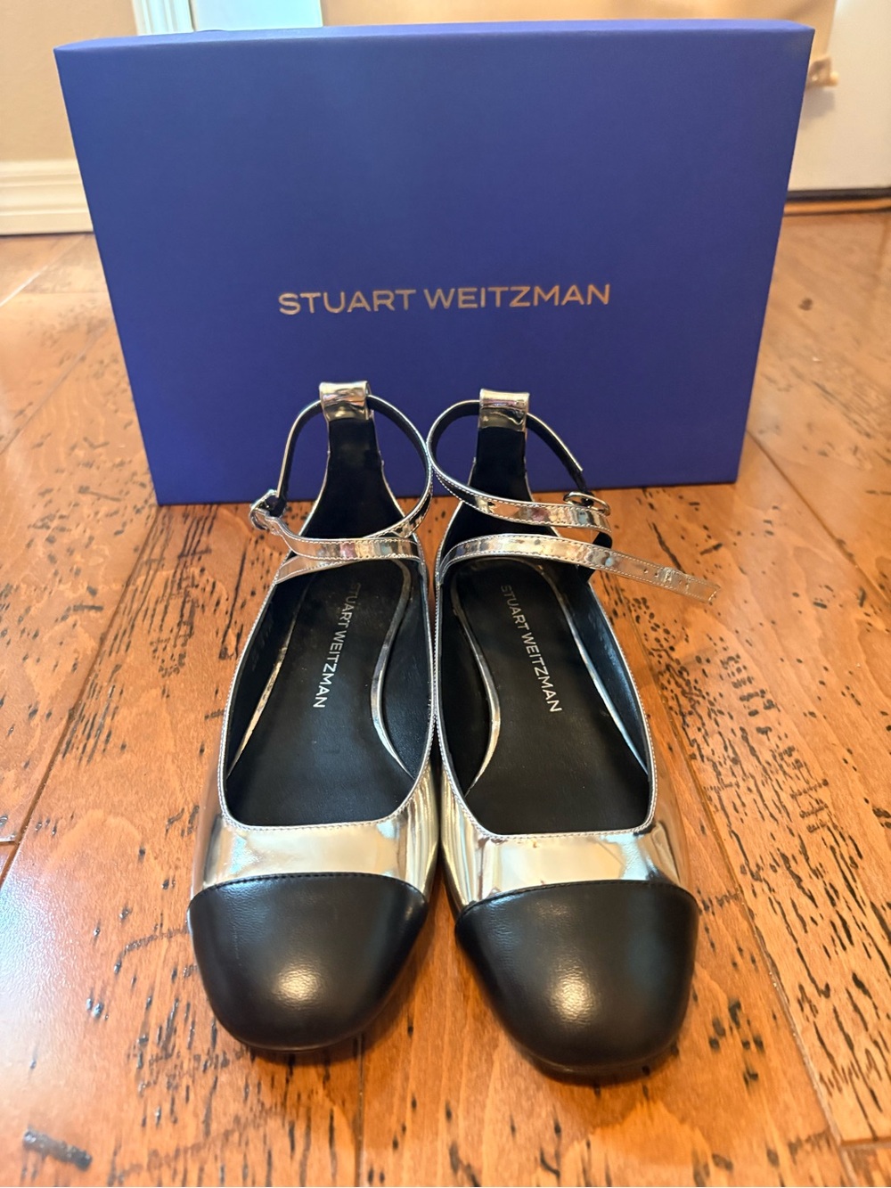 Stuart Weitzman Eden Leather Silver and Black Ankle-Strap Flats with Cap Toe